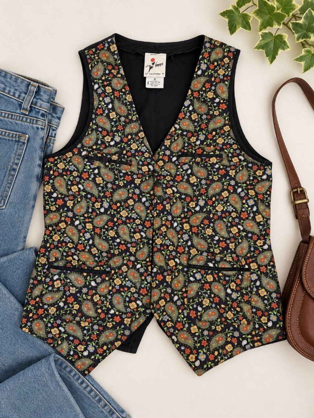 Vintage Just Tops California Paisley Floral Vest Size S 90s Boho Cottagecore